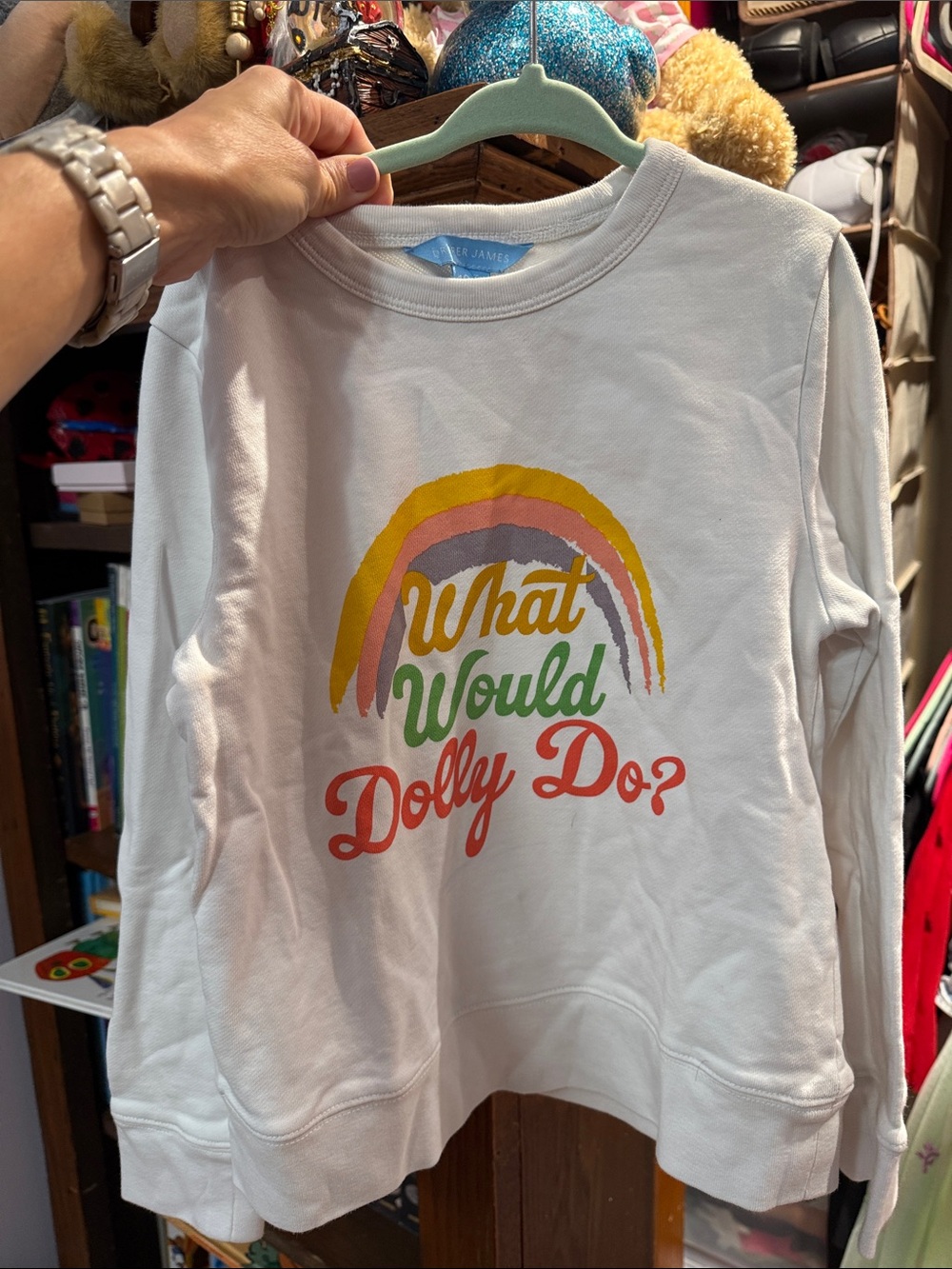 Draper James White Kids Sweatshirt with Rainbow "What Would Dolly Do?" Graphic